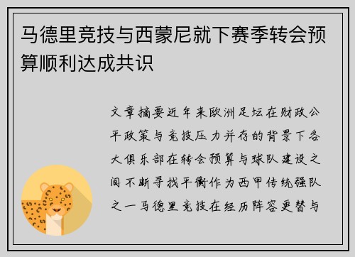 马德里竞技与西蒙尼就下赛季转会预算顺利达成共识