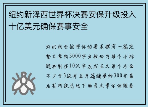 纽约新泽西世界杯决赛安保升级投入十亿美元确保赛事安全